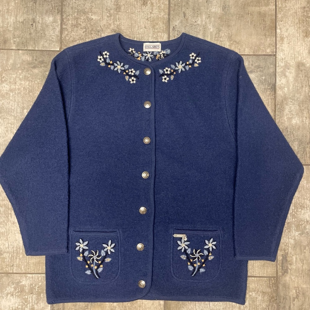 Vintage D’ALLAIRD’S Navy Cardigan with Floral Accents